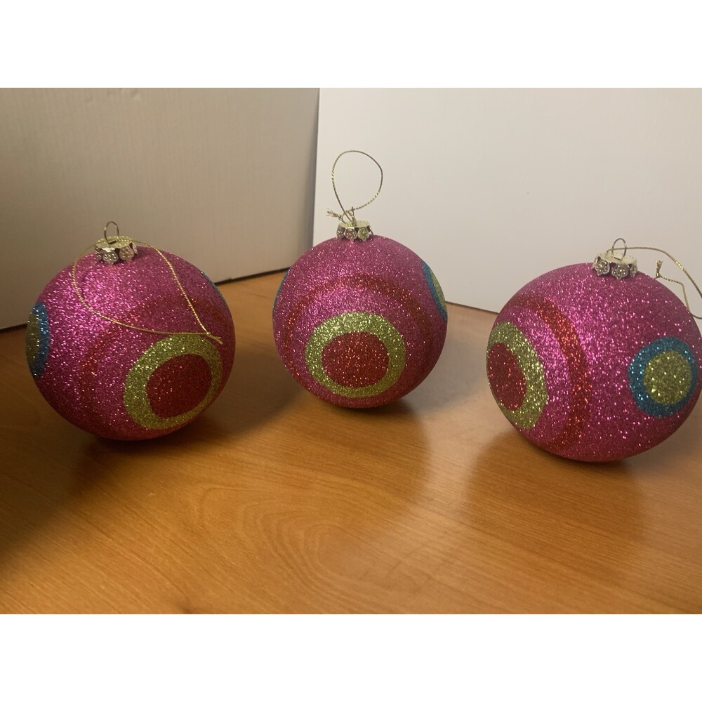 Lot Of 3 Glittery Pink Christmas Ball Ornaments 4”‎ Shatterproof